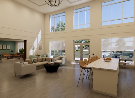 A large, well-lit room with a dining table and chairs.