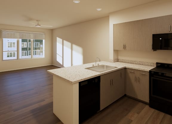 A modern kitchen with a large island in the middle.