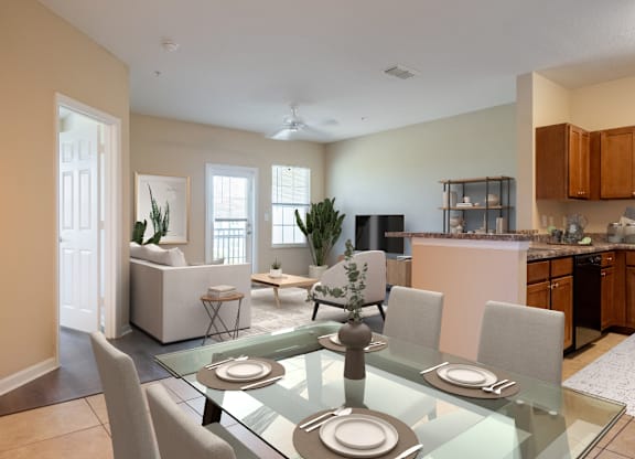 A modern dining room with a glass table and chairs.