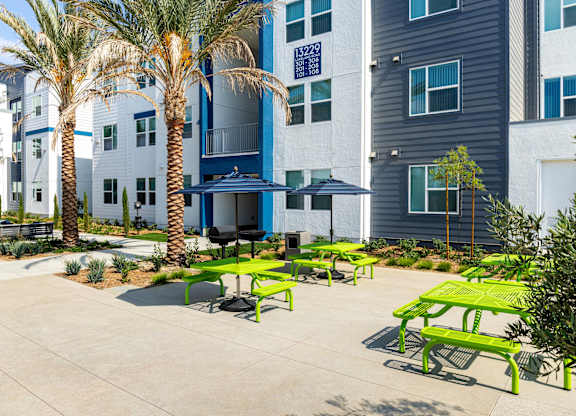 Patio Seating  at Lakeland Affordable Apartments in Santa Fe Springs, CA