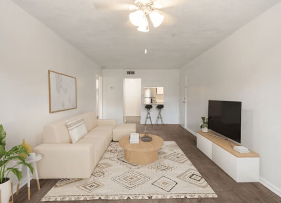 A living room with a white couch, a television, and a plant.
