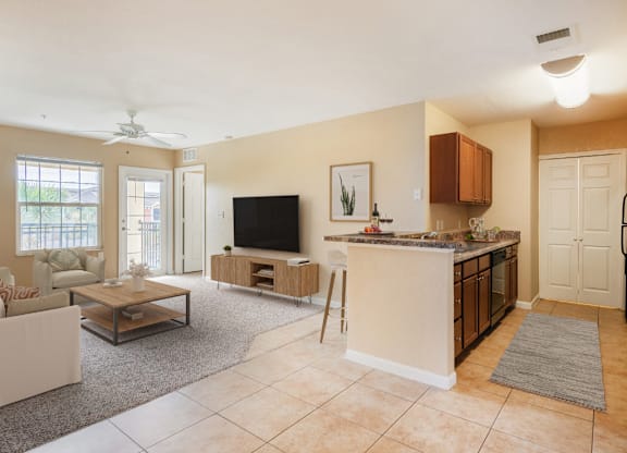 A living room with a bar area and a television.