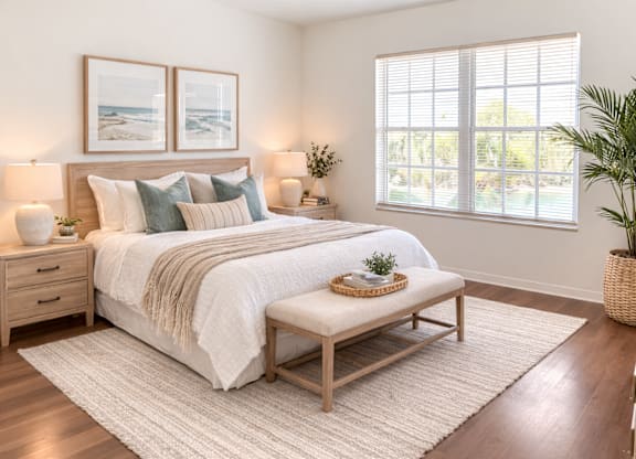 A bedroom with a large bed, a bench, and a potted plant.