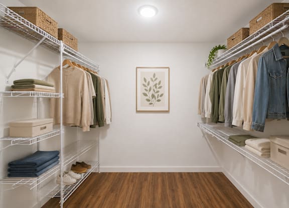 A walk-in closet with clothes and a framed picture on the wall.