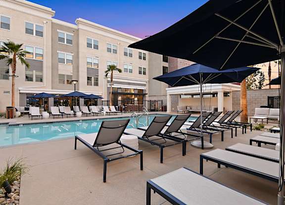 Resort-Style Pool Deck at The Huntington Luxury Apartments in Duarte CA