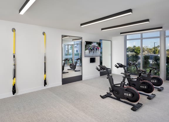 A room with exercise equipment and a mirror on the wall.