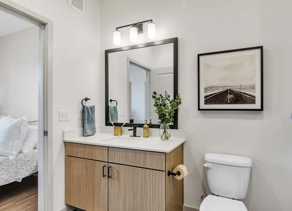 a bathroom with a toilet, a sink, and a mirror at Apex apartments in Colorado Springs, CO
