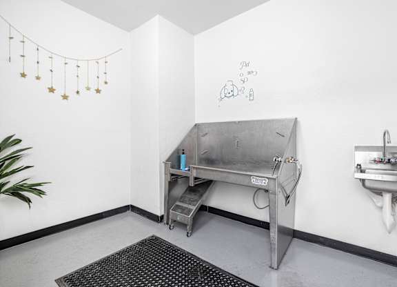 a room with a sink and a metal table