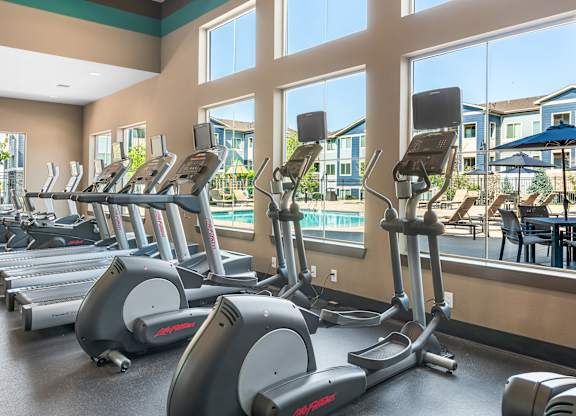 A gym with treadmills and elliptical machines.