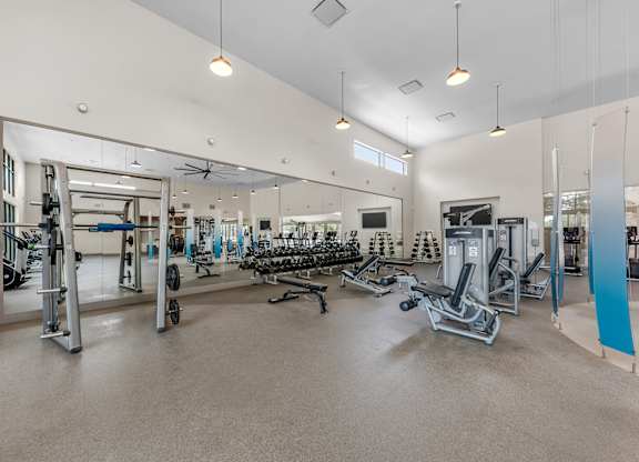 A spacious gym with a variety of equipment.