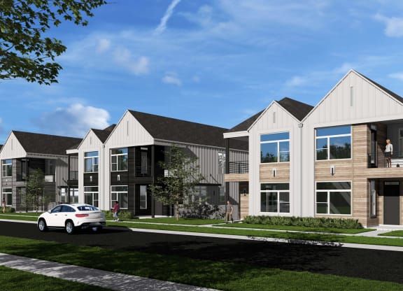 a rendering of an apartment building with a car parked in front of it