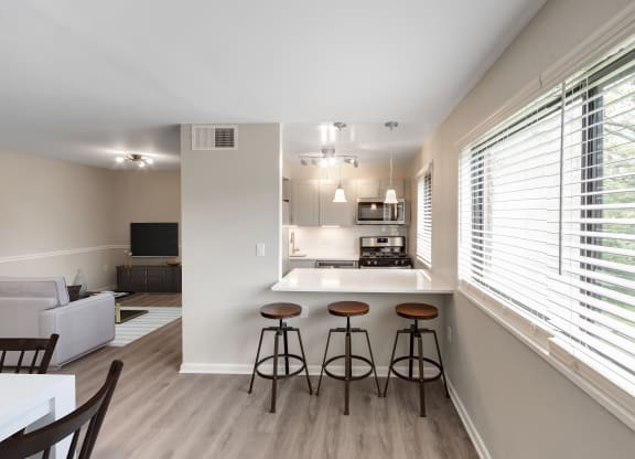 kitchen with a bar and stools at Flats of Forestville, Forestville, Maryland 20747