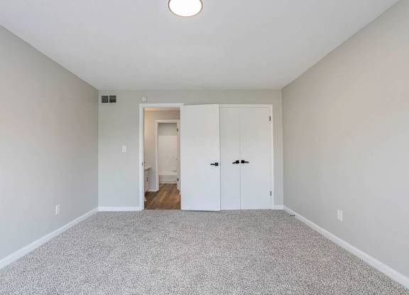 A room with a carpeted floor and two white doors at The Onyx Hoover Apartments, Alabama