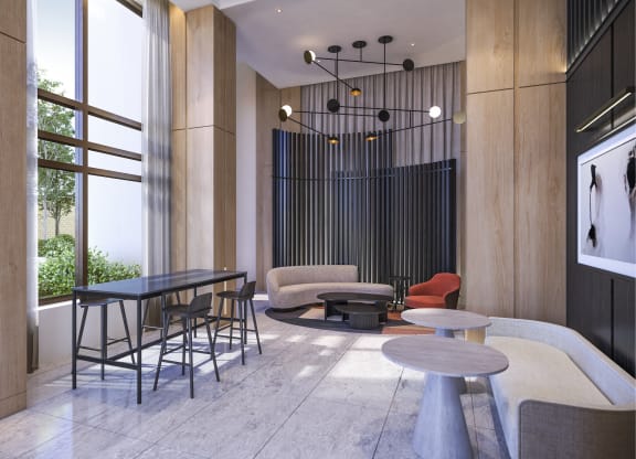 a room filled with furniture and a large window