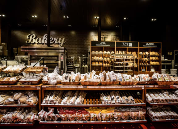 bakery with baguettes and bread on display