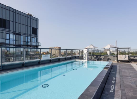 a view of the rooftop pool at the graduate madison hotel in madison, wi