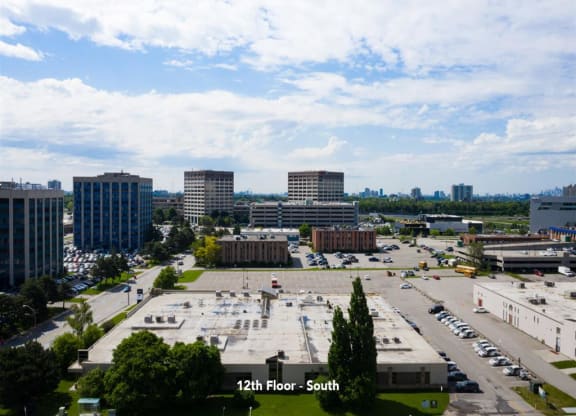 a view of the parking lot from the building