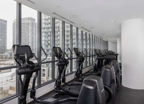 A row of treadmills in a gym with a view of the city outside the window.