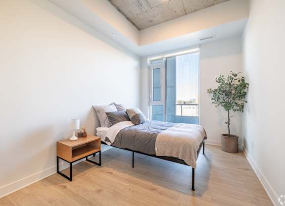 A bedroom with a bed, nightstand, and a plant.