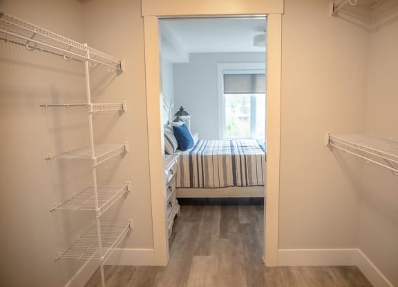 a closet in a bedroom with a bed and a closet door open to a room
