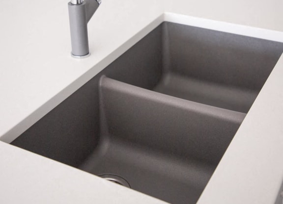 a close up of a kitchen sink and a faucet