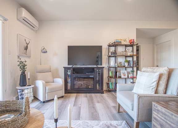 a living room with a tv and a fireplace