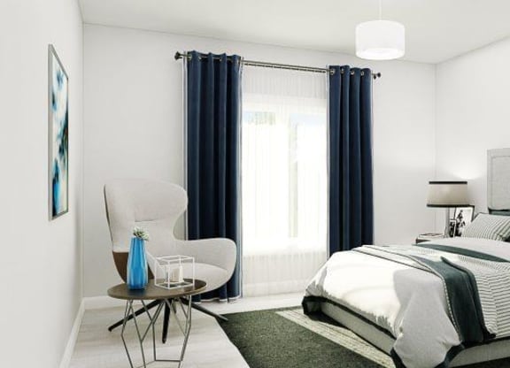 a white bedroom with a bed and blue curtains
