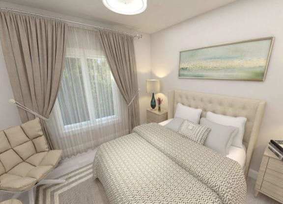 a white bedroom with a bed and a window