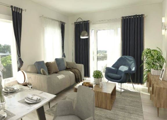 a living room with a couch and a table