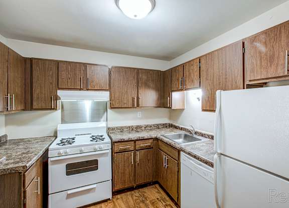 A kitchen with a stove, sink, and refrigerator.