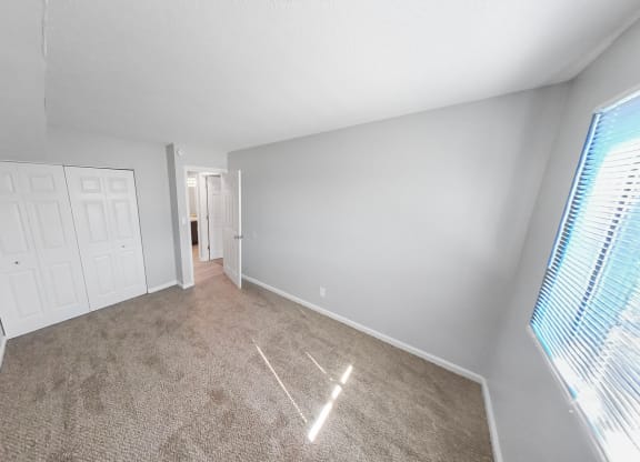 a bedroom with a carpeted floor and a door to a closet