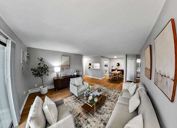 a living room with white furniture and a rug