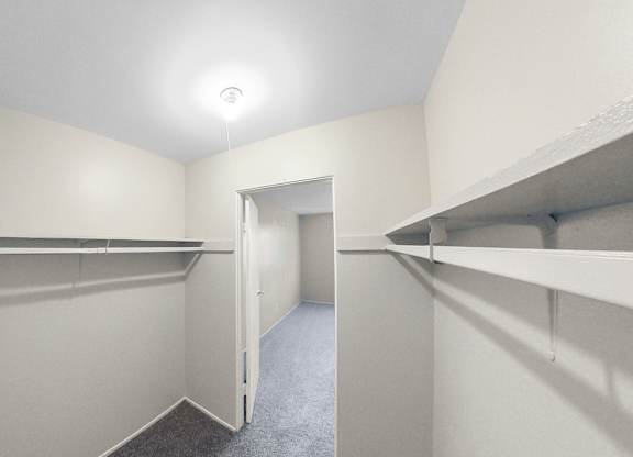a room with white walls and a closet with shelves