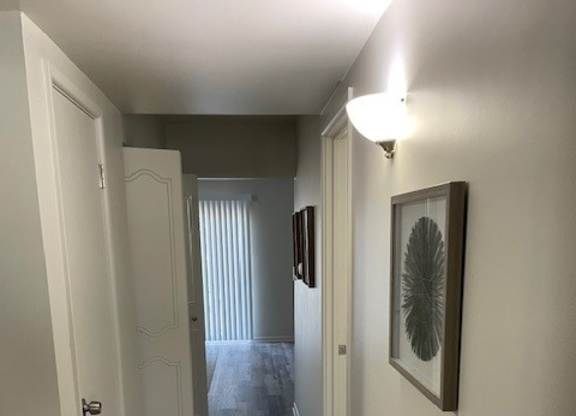 a hallway with wood floors and a painting on the wall
