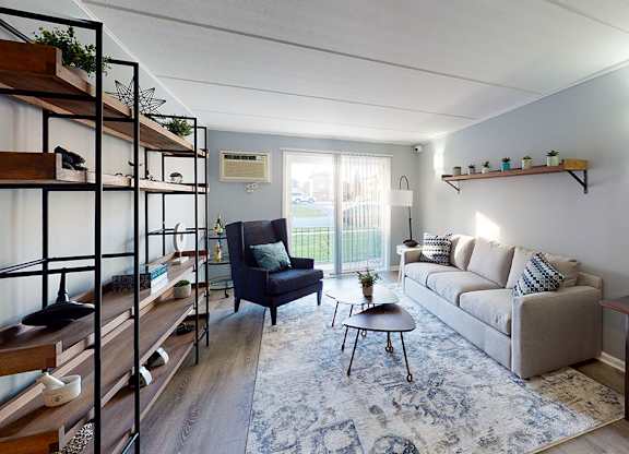 a living room with a couch and a table
