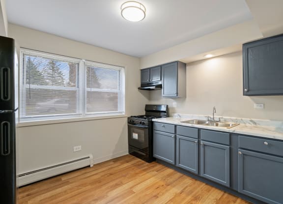 a kitchen with blue cabinets and a sink and a window at Hanover Park Blu Apartments, Illinois