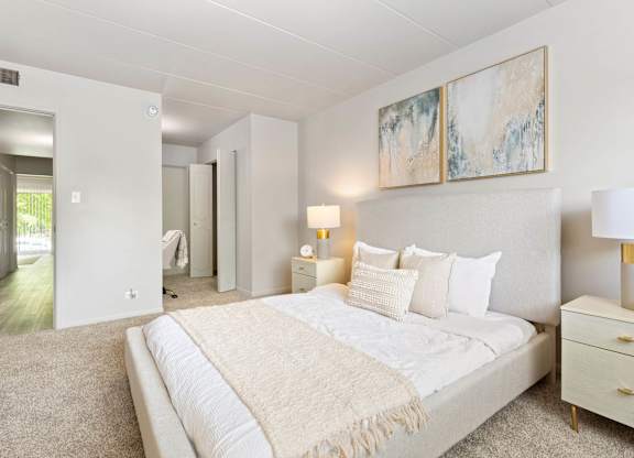 a bedroom with a large bed and a closet