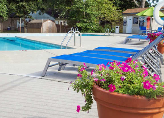 a group of blue lounge chairs next to a swimming pool