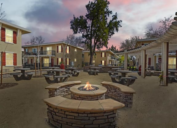 Firepit at dusk at Parkside Apartments, Davis, 95616