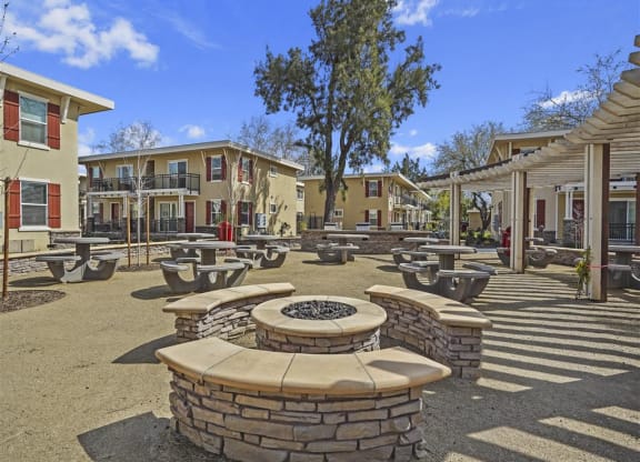 Blue sky and firepit at Parkside Apartments, Davis, CA