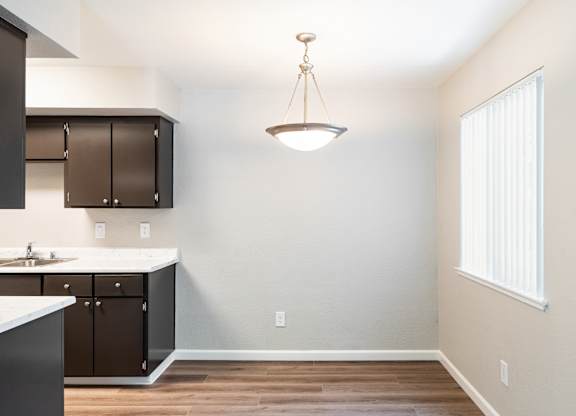 A kitchen with a sink and a window.