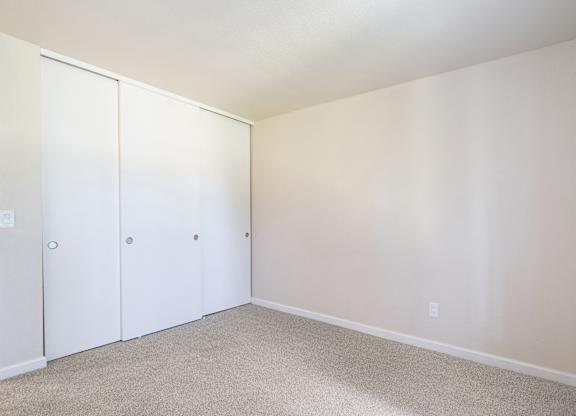 A room with white walls and a carpeted floor with three white doors.