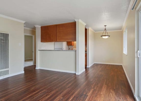 Living Area With Kitchen View at Fairmont Apartments, California