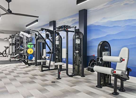 A gym with a variety of equipment including a leg press machine, a chest press machine, and a rowing machine. at Brickside Heights, Millcreek, Utah