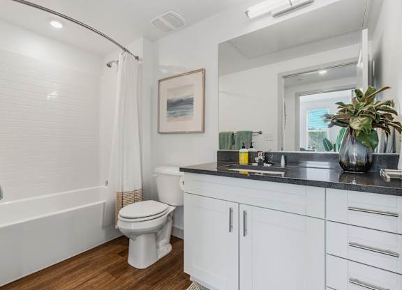 a bathroom with a toilet and a sink and a mirror at City View St. George Apartments, St George