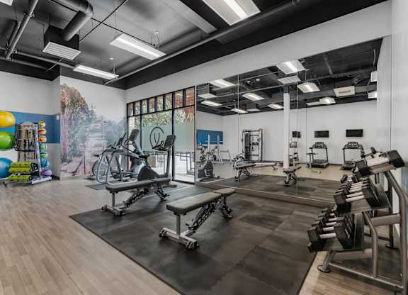 a gym with treadmills and other exercise equipment and a mural on the wall at City View St. George Apartments, St George, UT