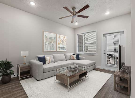 Living Room With Ceiling Fan at The Flats at Riverwoods, Provo, 84604