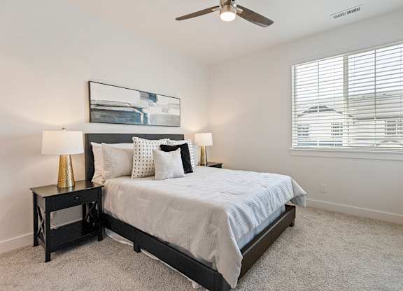 Bedroom With Ceiling Fan at Alante Homes at Lake Hazel, Idaho, 83709