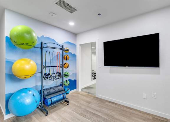Workout room at AVIA Apartments On Alpha, Dallas, TX