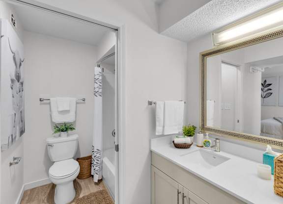 a bathroom with a mirror and a toilet and a sink at AVIA Lofts on Liberty Ridge Apartments, Florida